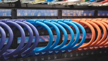 multi-colored fiber optic wires inserted into electronic switching unit, industrial internet...