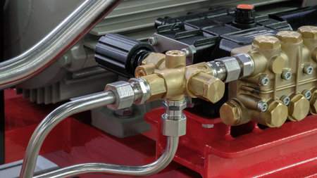 Copper block with valves on industrial air compressor, industrial concept background