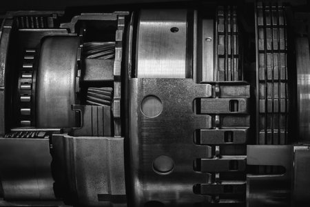 A dark black close up of a machine with many gears and discs. The concept of the powerful industrial energy of complexity and intricacy, and a sense of awareness at the engineering behind the machine.の写真素材