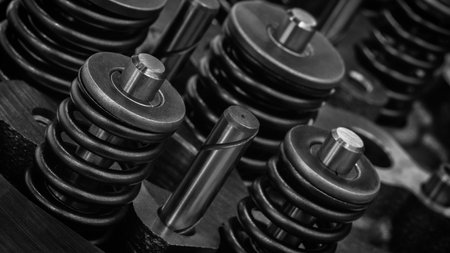 Dark black close-up of engine valve springs. Springs are black and shiny. Image has an industrial and mechanical mood, service repair car concept backgroundの写真素材