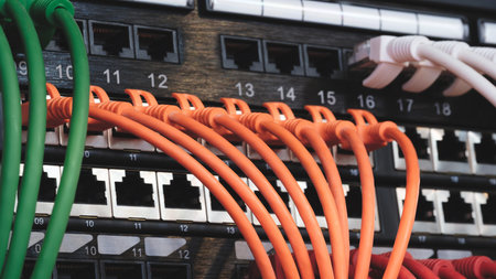 A row of cables with different colors and numbers. The cables are connected to a black box. Internet...