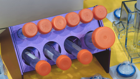 Glass and plastic vials for blood and other biological fluids tests on table in biology lab,...