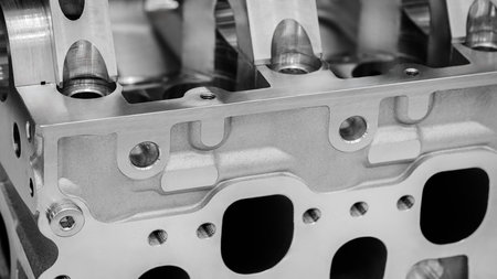 Close up of open metal cylinder block of car engine, auto service concept background