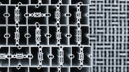 Stack of metal structural parts with square cross-section and many small holes. Industrial...