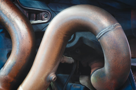 Close up of motorcycle muffler copper pipes