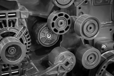 A close up of a car engine with a lot of detail. The engine is a complex piece of machinery with...