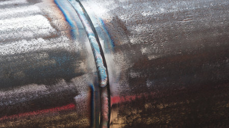 A rusty pipe with a welded joint. The joint is visible and the pipe is covered in rust industrial concept background.の写真素材