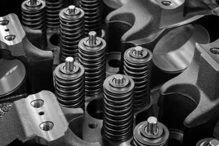 Dark black close-up of engine valve springs. springs are black and shiny. image has an industrial...
