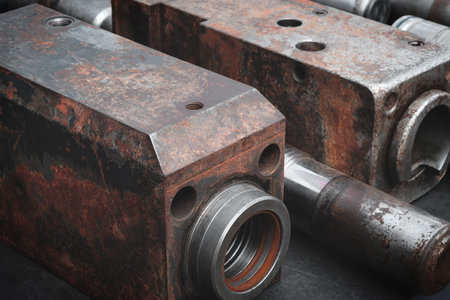 A pile of rusted metal pieces, including a broken pipe and a bent pipe. Scene is one of decay and neglected industrial concept background.の写真素材