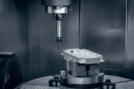 CNC machine is cutting a piece of metal. The machine is very precise and has a lot of detailの写真素材