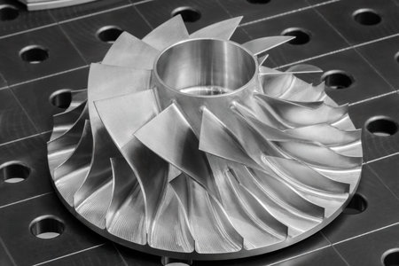 Large metal turbine on table of industrial metalworking programmable CNC machine, industrial machine concept backgroundの写真素材