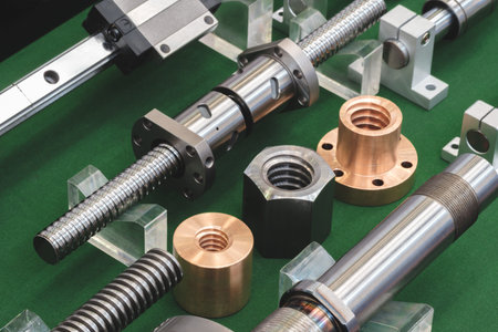 collection of gears and screws are displayed on a black background. Concept of precision and...