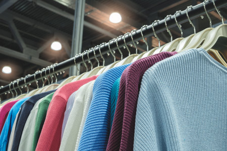 A rack of clothes with a variety of colors and styles. The clothes are hanging on hangers and are...