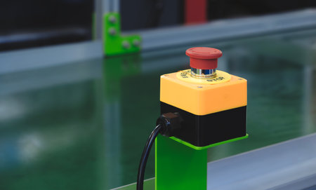 Emergency red button to stop industrial conveyorの写真素材