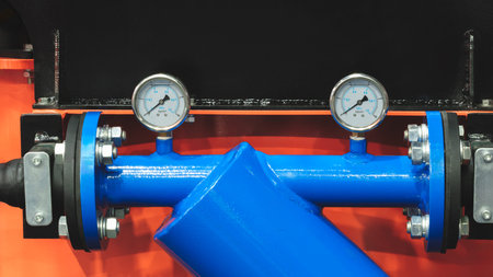 Pressure gauge manometers located on metal pipe, measurement industrial concept background