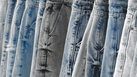 Row of jeans with different shades of blue. The jeans are hanging on a rack. The jeans are of different shades of blue, with some being darker and some being lighterの写真素材