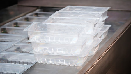 Transparent and empty plastic food packaging containers stacked on conveyor of packaging machine,...