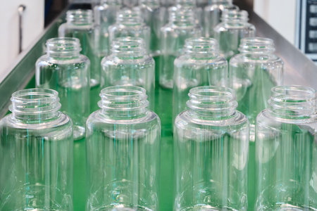 Empty plastic transparent bottles for pharmaceuticals, cosmetics and household chemicals stand in...