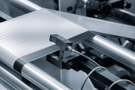 A roll of plastic polyethylene film is cut by a food packaging machine. Industrial concept...