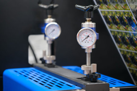 Two pressure gauges are attached to an industrial printing machine on polyethylene film, gauges are...