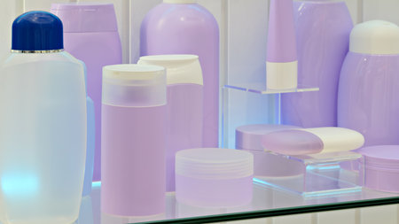 Row of bottles and containers of various sizes and shapes are lined up on a counter. The bottles are all purple and some are clearの写真素材