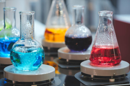 Multicolored chemical solutions in glass flasks as a scientific chemical concept