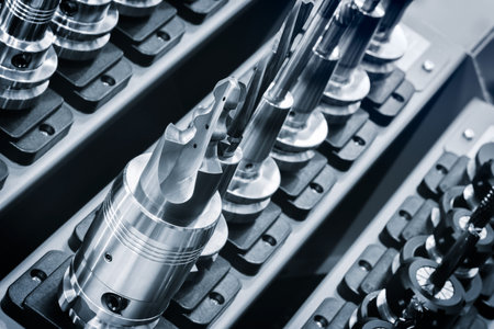 A row of metal tools, milling cutters and drills, are lined up on a shelf. tools are all different...