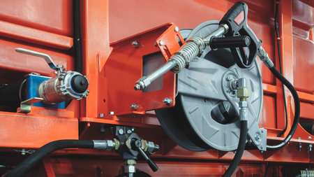 Control panel of modern industrial hydraulic machine with control levers and buttons, industrial concept backgroundの写真素材