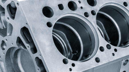 Close-up of engine cylinder block undergoing service repair, industrial service repair concept background blue toneの写真素材