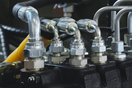group of metal tubes are connected to each other as part of a high-pressure hydraulic machine. tubes...