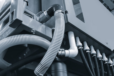 Large machine with many white pipes and wires industrial background for a web banner template page blue toneの写真素材