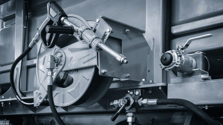 Control panel of modern industrial hydraulic machine with control levers and buttons, industrial concept background blue toneの写真素材