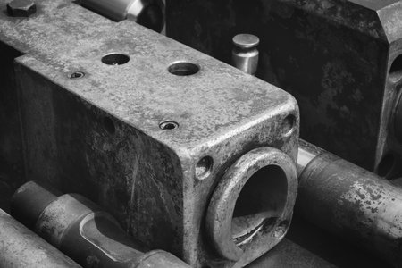 A black and white photo of a metal object with a hole in the middle. The photo has a moody and...