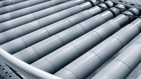 Crossing of roller conveyor, Production line conveyor roller transportation objects, industry...