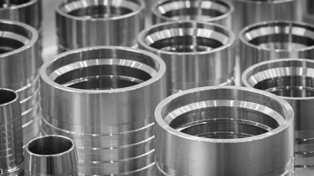 Row metal cylinders with shiny silver finish. cylinders are arranged in neat row, and they appear to be of the same size and shape. Concept of industrial precision orderの写真素材