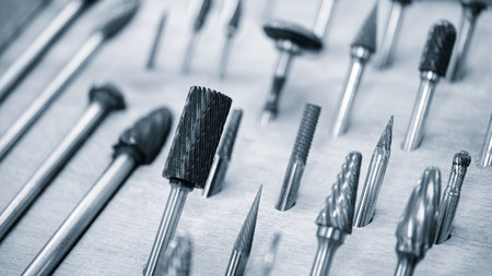 various types of drill bits. display is organized and bits are arranged in a way that makes it easy to see the differences between them blue toneの写真素材