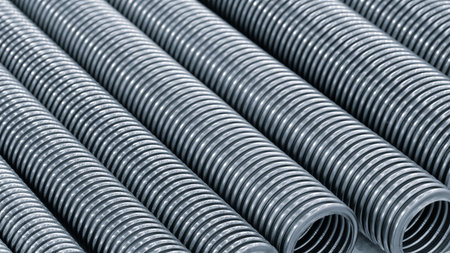 Row of stainless steel corrugated high pressure pipes in silver color. pipes are long and thin. Mechanical industrial concept background blue toneの写真素材