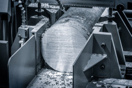 Industrial band saw cutting large metal part with round cross-section industrial concept background