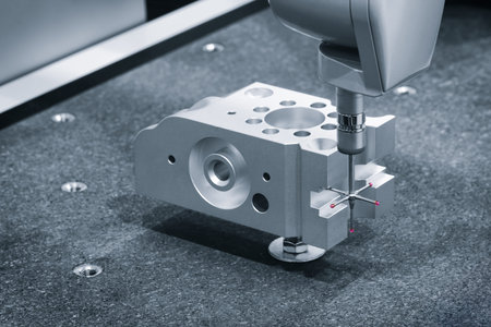 Quality control on milling metal CNC machine, coordinate measuring machine tests a metal detailt, CMM Quality control machine, technology concept blue toneの写真素材