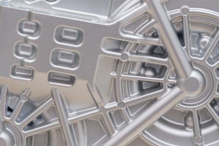 An intricate engine component is positioned prominently, highlighting its polished surface and...