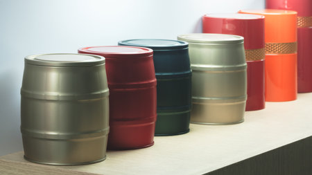 Plastic colorful jars for liquid packaging, packaging delivery concept backgroundの写真素材