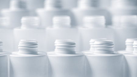 White plastic bottles without caps in a row for liquid packaging, packaging delivery concept backgroundの写真素材