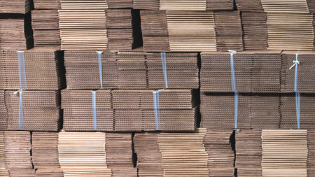 Elements of corton boxes are collected in stack. Conveyor line for the production of boxes. Machine cuts cardboard boxes from sheets of cardboard. Enterprise for production package.の写真素材
