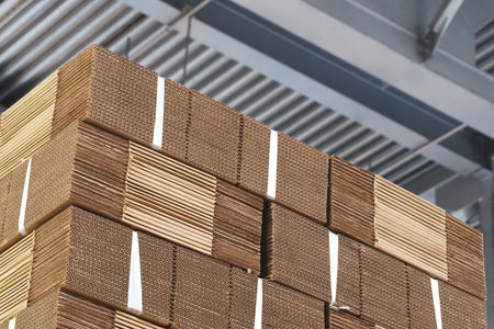 Elements of corton boxes are collected in stack. Conveyor line for the production of boxes. Machine cuts cardboard boxes from sheets of cardboard. Enterprise for the production package.の写真素材