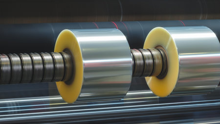 A machine with a roll of polyethylene plastic wrapping film on it. The machine is in a factory....
