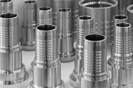 Collection of metal pipes with a silver finish. The pipes are of various sizes and shapes. Concept...