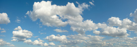 heaven sky is blue with many clouds. clouds are scattered throughout the sky and are of various...