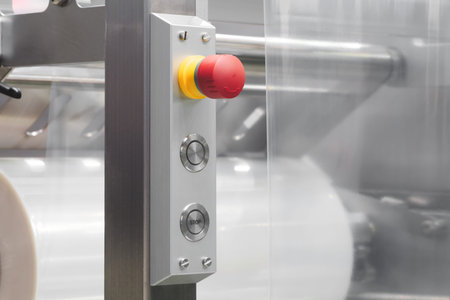 A machine with a roll of polyethylene plastic wrapping film on it. The machine is in a factory....