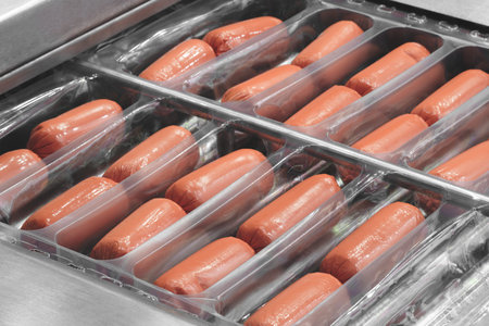 Tray of hot dogs in plastic packaging. The hot dogs are in a row and are all the same color,...