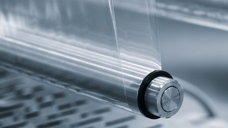 A machine with a roll of polyethylene plastic wrapping film on it. The machine is in a factory....